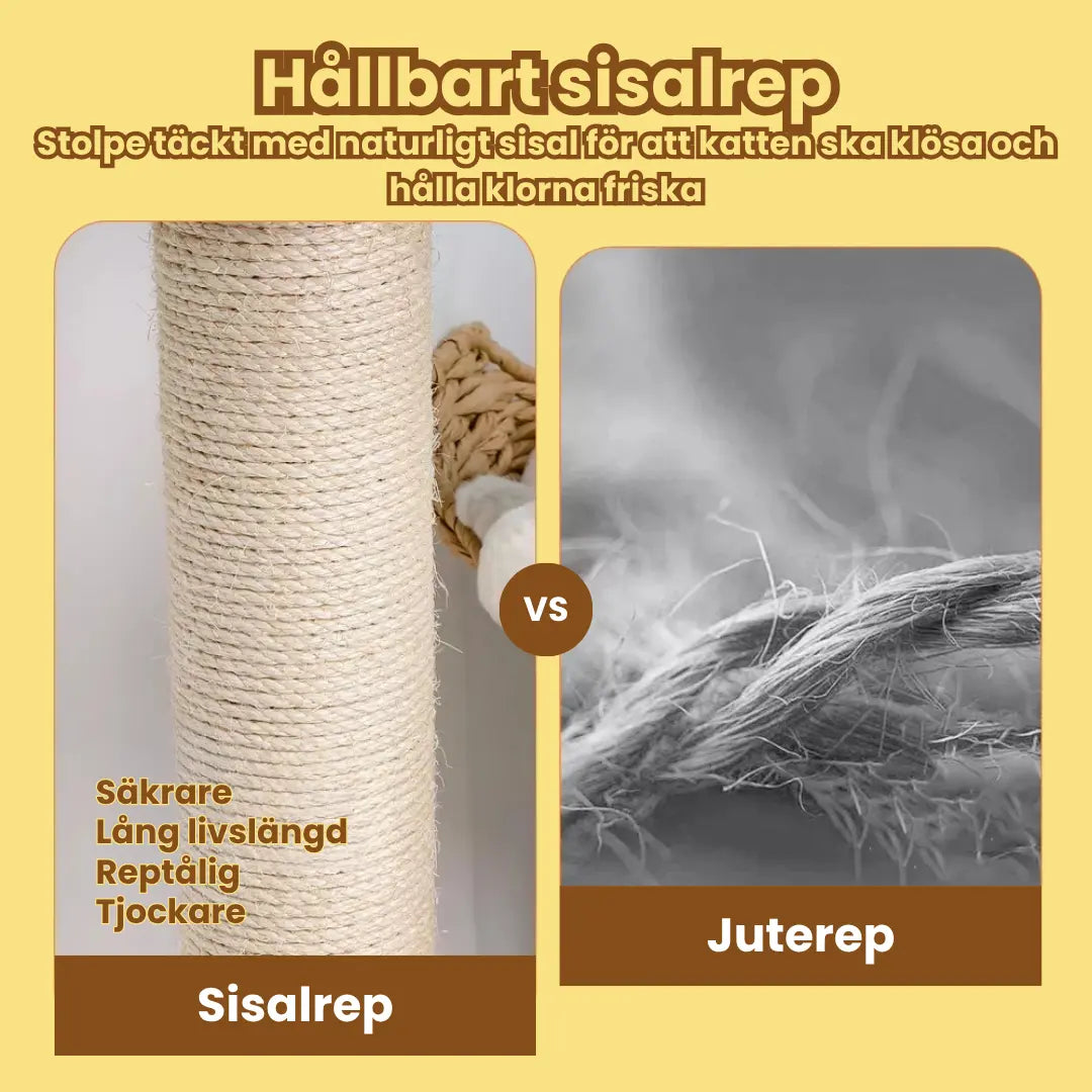 Klösträd i naturträ med korg och koja Slitstarkt sisalrep - Djurslottet