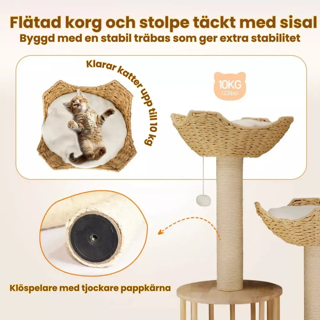 Klösträd i naturträ med korg och koja Tillplattad korg och stång täckt med sisal - Djurslottet