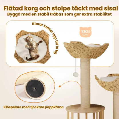 Klösträd i naturträ med korg och koja Tillplattad korg och stång täckt med sisal - Djurslottet