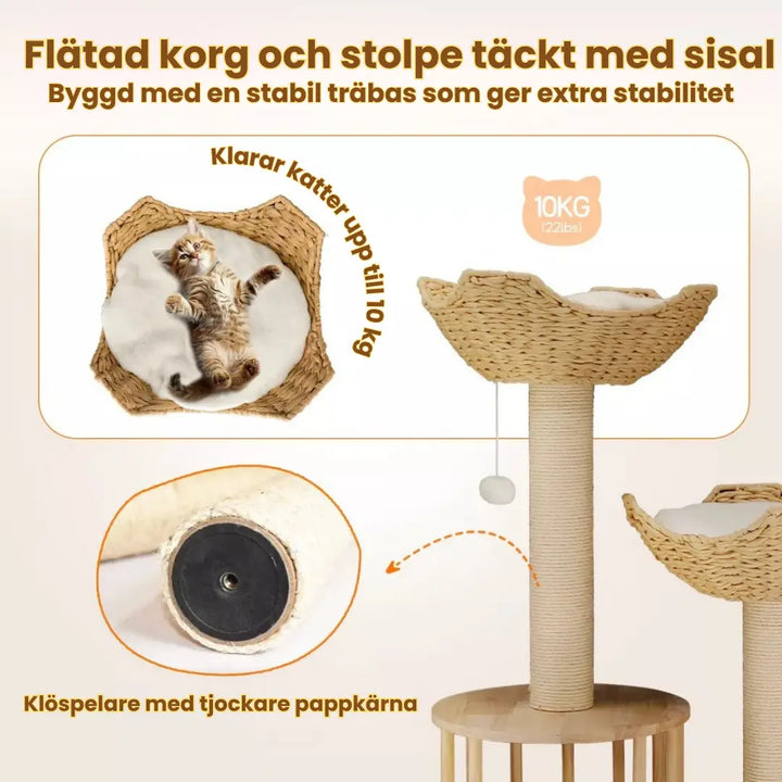 Klösträd i naturträ med korg och koja Tillplattad korg och stång täckt med sisal - Djurslottet