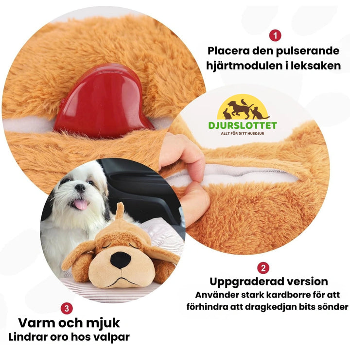 Lugnande hundleksak med hjärtslag Placera den pulserande hjärtmodulen i leksaken - Djurslottet
