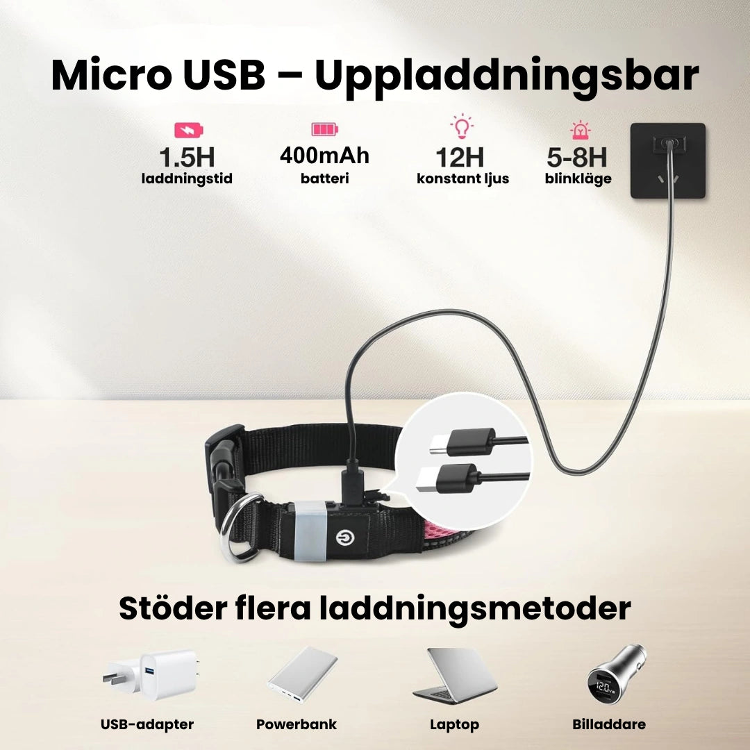 LunaPaw Halsband med LED-belysning Micro USB – Uppladdningsbar - Djurslottet