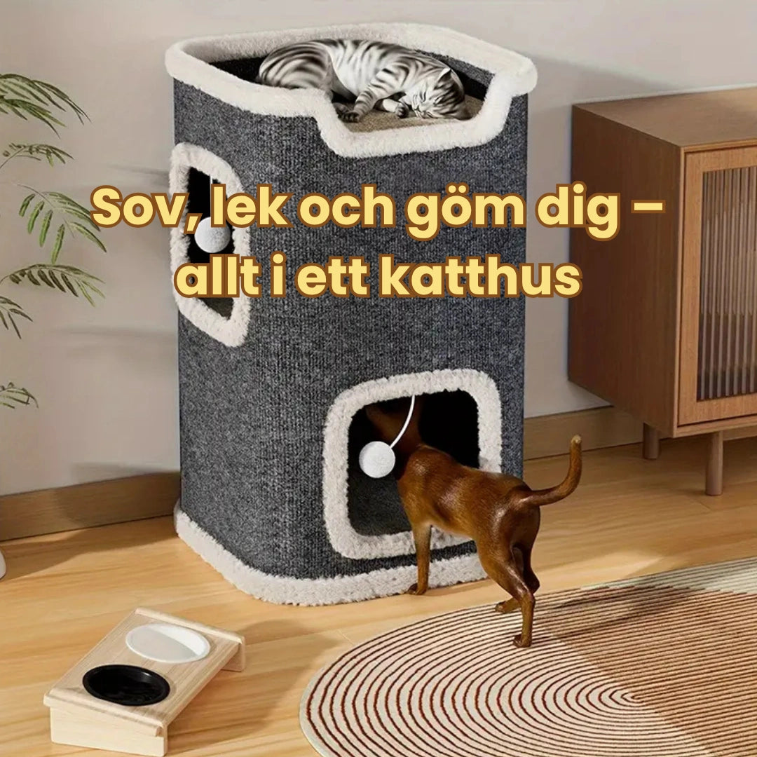 Lunatto Katthus 3-våningar med klös Sov, lek och göm dig – allt i ett katthus - Djurslottet