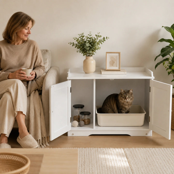 PawHut kattlådeskåp som döljer kattlådan i hemmet - Djurslottet