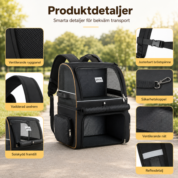PetPacker Dubbel Ryggsäck detaljer dragkedja och mesh - Djurslottet