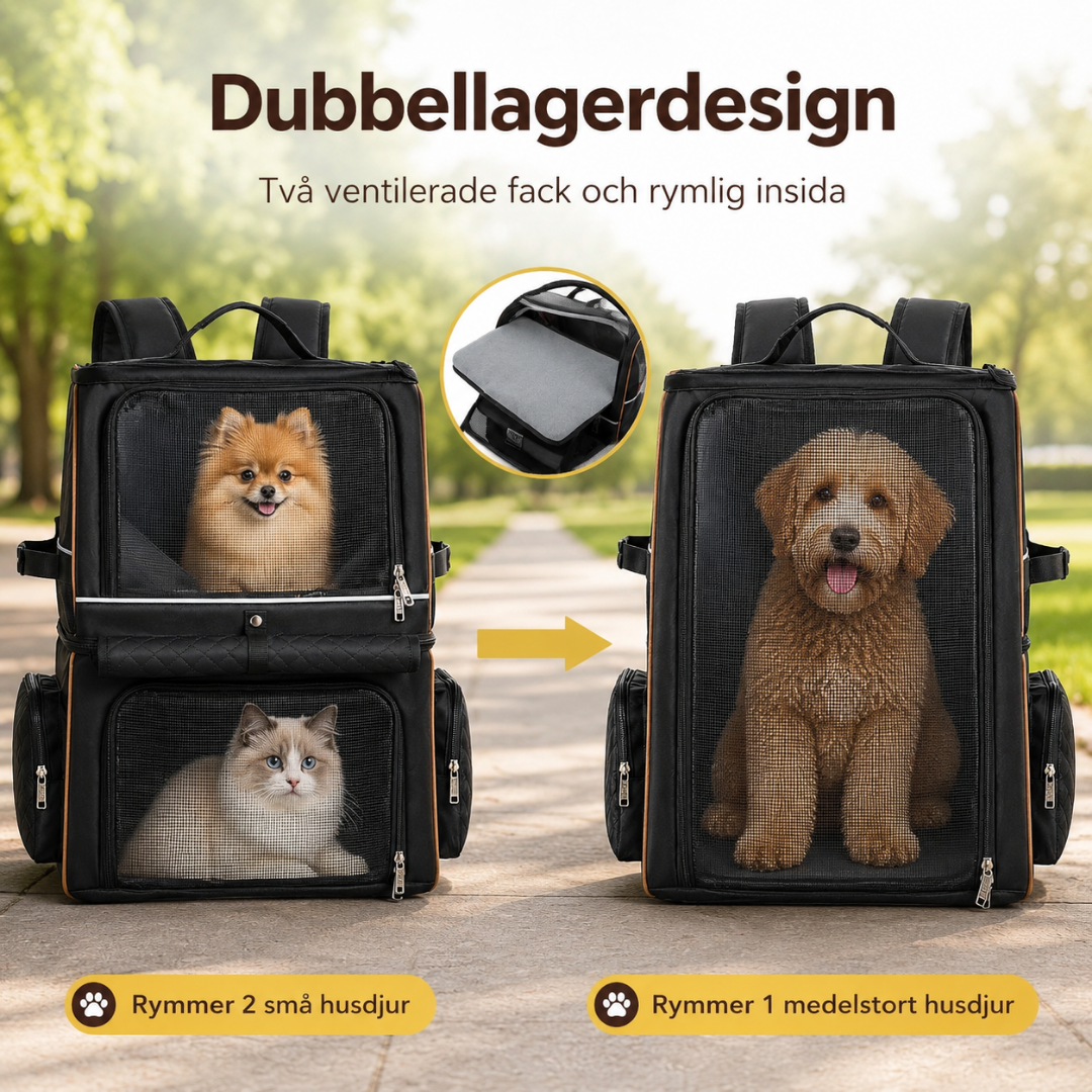 PetPacker Dubbel Ryggsäck dubbellager design två fack - Djurslottet