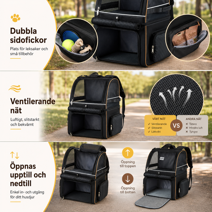 PetPacker Dubbel Ryggsäck sidofickor förvaring - Djurslottet
