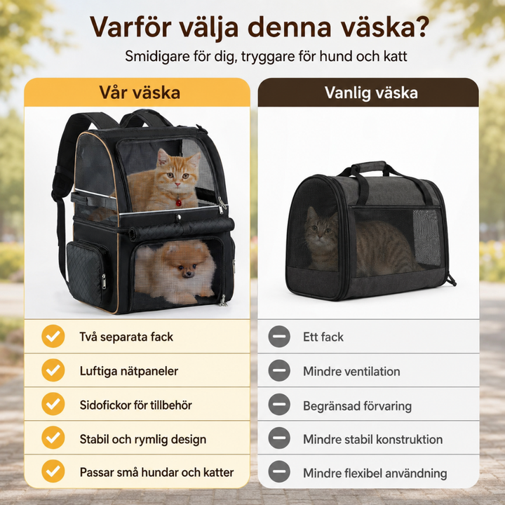 PetPacker Dubbel Ryggsäck jämförelse vs vanlig transportväska - Djurslottet