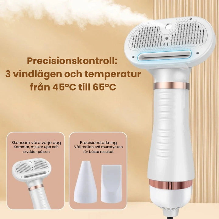 Petdryer Pro pälsfön Precisionskontroll: 
3 vindlägen och temperatur från 45°C till 65°C - Djurslottet