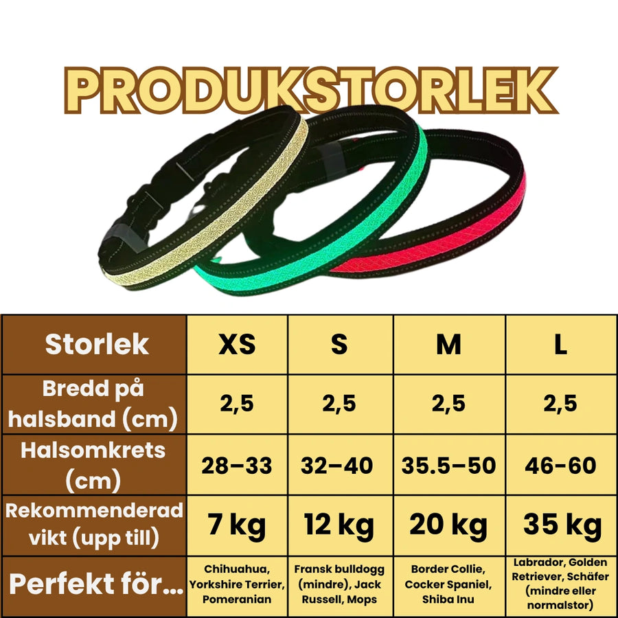 Storleksguide för LunaPaw LED-halsband med halsomkrets för XS till L.
