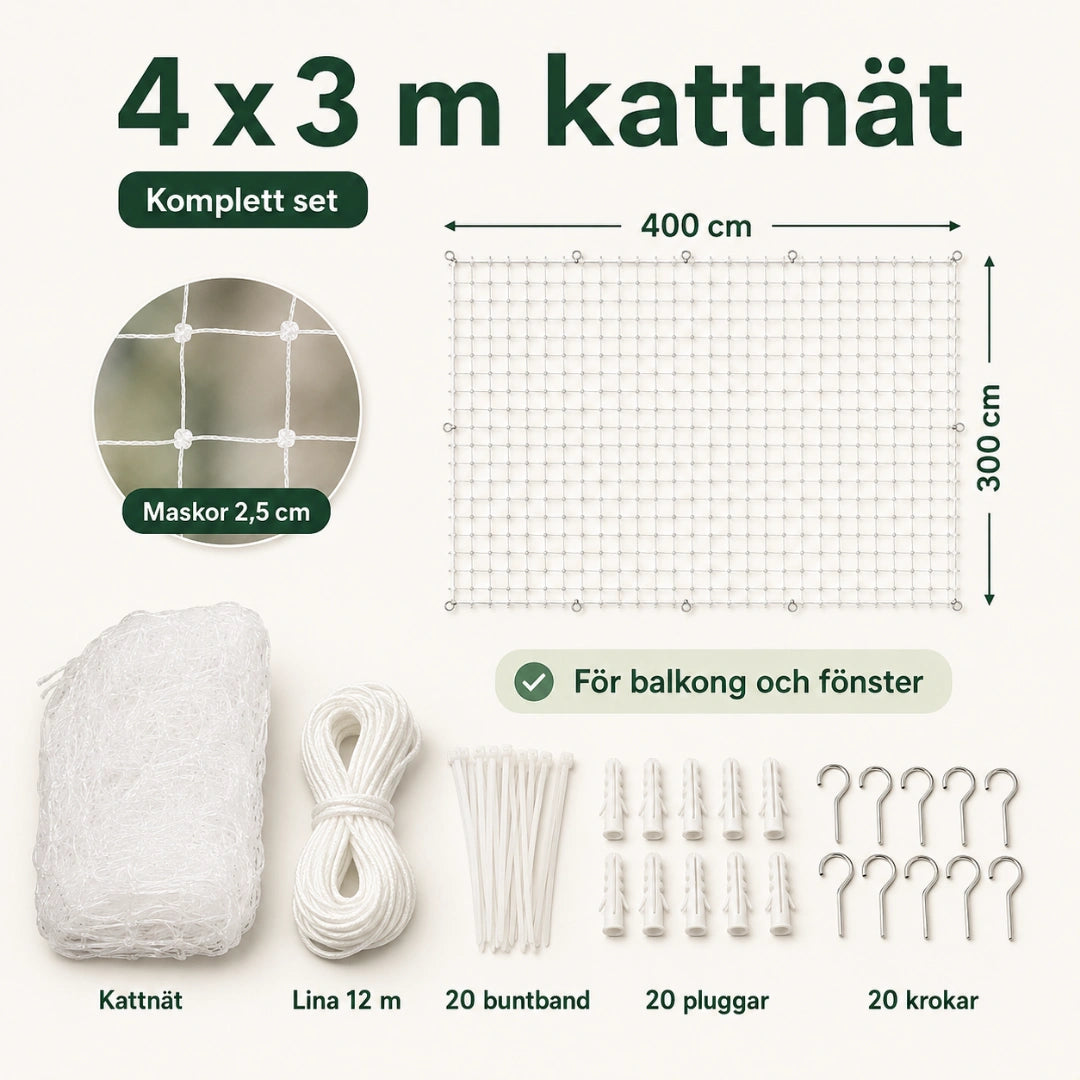 SafeGuard kattnät storlek 4x3 meter - Djurslottet