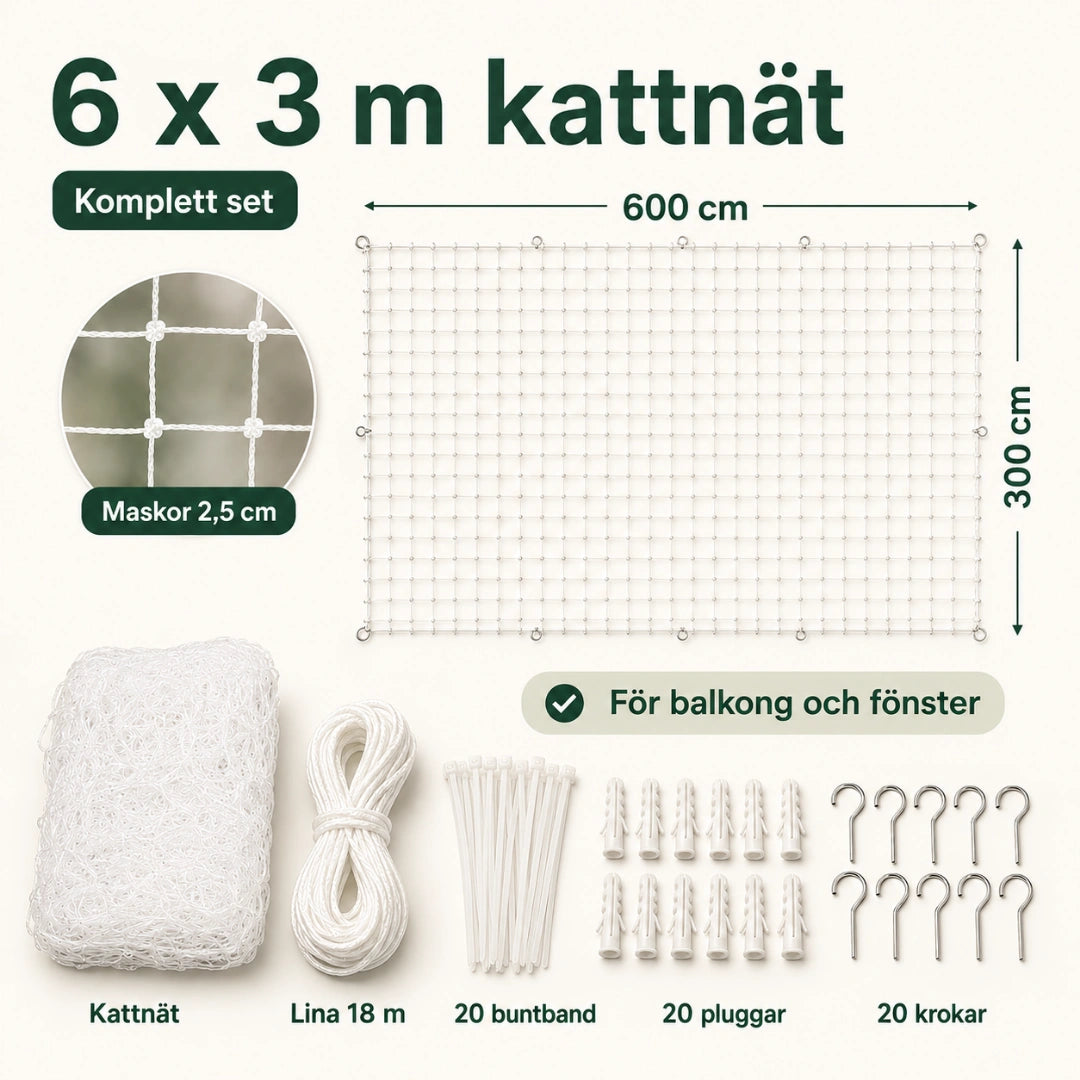 SafeGuard kattnät storlek 6x3 meter - Djurslottet