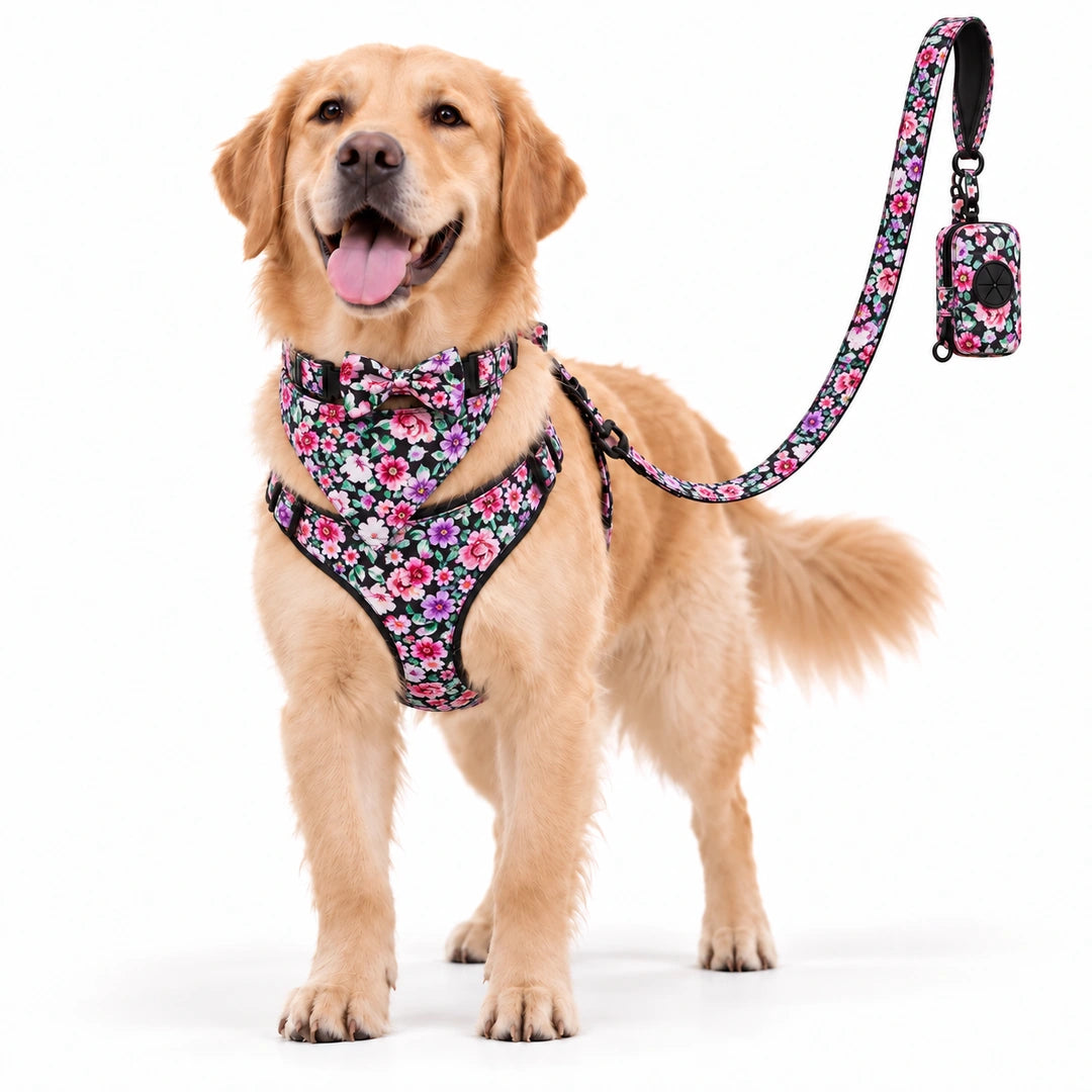 Tassvyn Hundselepaket – Rosa blommönster på golden retriever – Djurslottet