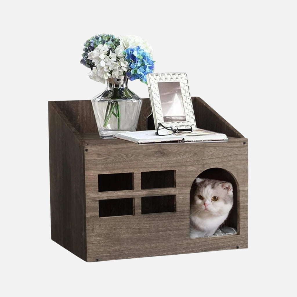 Trähus för katt inomhus Varmt och mjukt: Inkluderad kudde i polyester, perfekt för alla årstider - Djurslottet