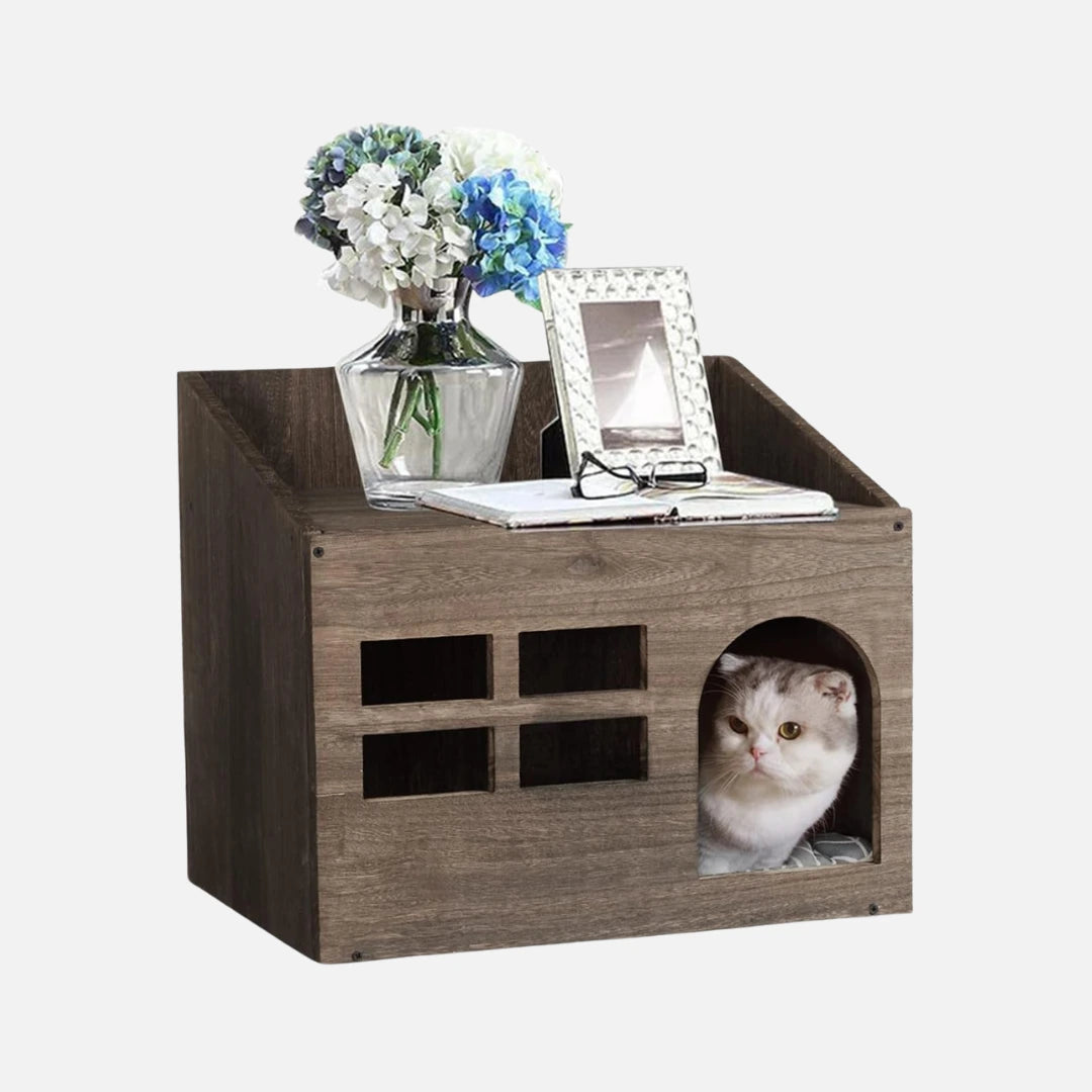 Trähus för katt inomhus Varmt och mjukt: Inkluderad kudde i polyester, perfekt för alla årstider - Djurslottet