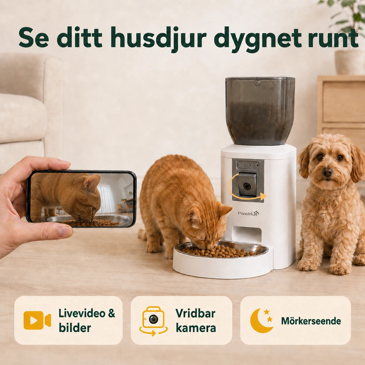 Vridbar kamera med livevideo och mörkerseende visar hund och katt - Djurslottet