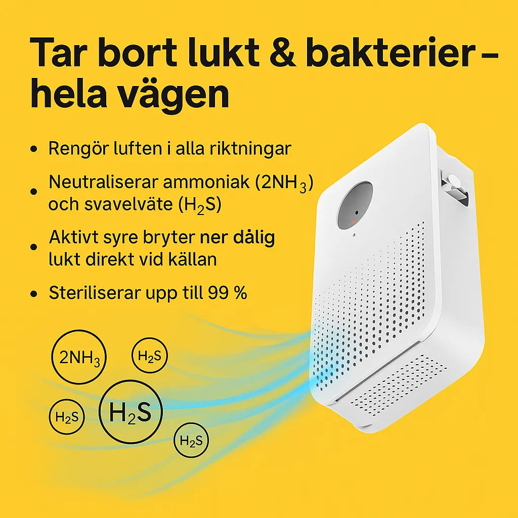 Airclean luftrenare för kattlåda – neutraliserar lukt med aktivt syre och steriliserar upp till 99 %.