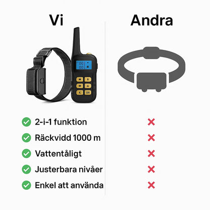 Visuell jämförelse mellan avancerat 2-i-1 antiskällhalsband med fjärrkontroll och traditionella modeller – funktionalitet, räckvidd, vattenresistens och användarvänlighet.