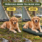 PawHut campingbädd med ledsen hund före och glad hund efter - Djurslottet