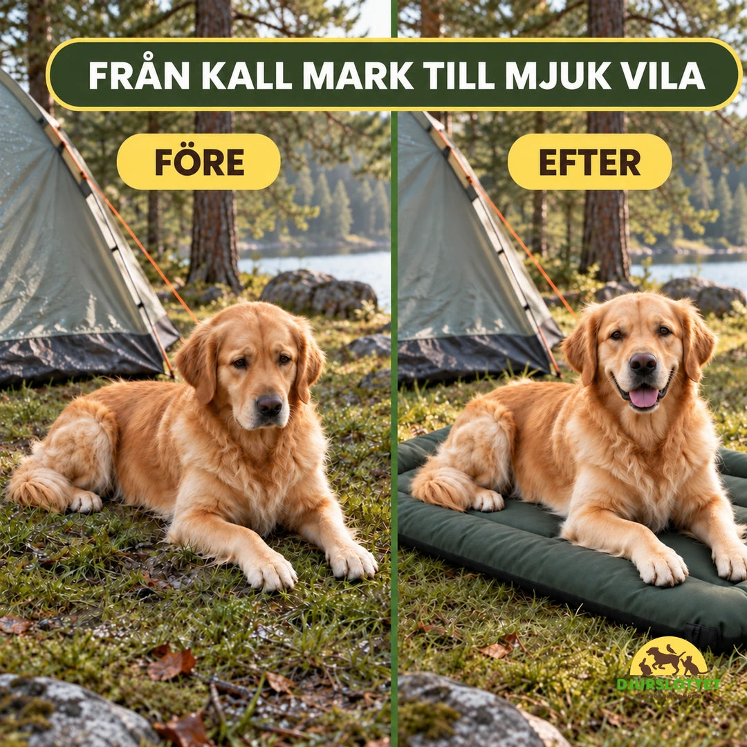 PawHut campingbädd med ledsen hund före och glad hund efter - Djurslottet