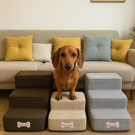 Dachshund använder husdjurstrappa framför soffa med färgglada kuddar – perfekt för små hundar att nå upp i möbler