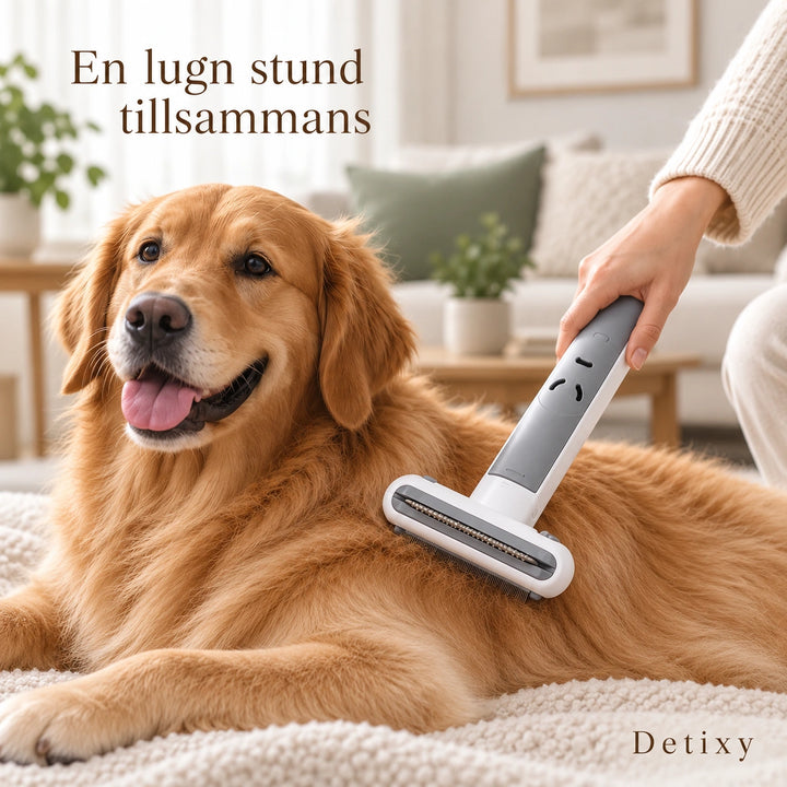 Detixy pälsborste vid pälsvård av golden retriever