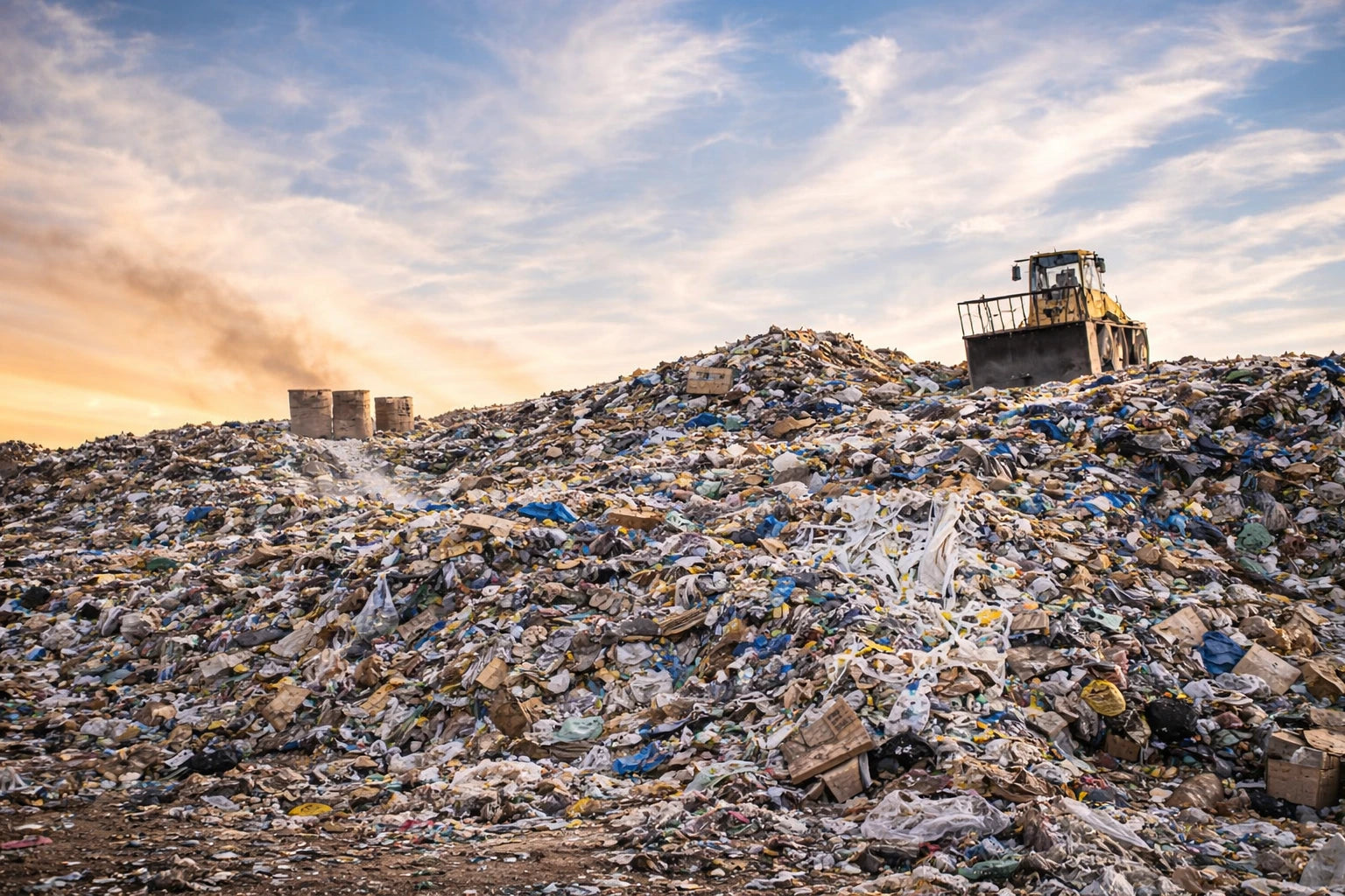 Djurslottet – soptipp och bulldozer som visar hur en retur kan öka avfall, transporter och miljöpåverkan.