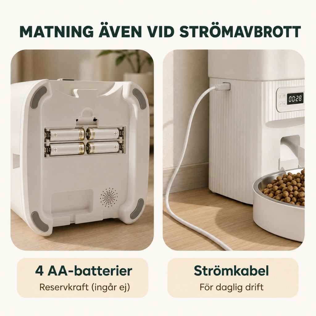 Fyra AA-batterier som reservkraft och strömkabel för daglig drift - Djurslottet
