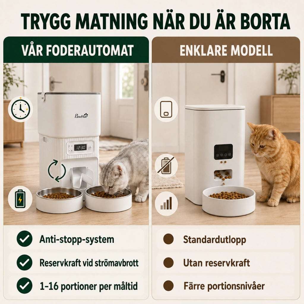 Jämförelse mellan foderautomat med anti-stopp och reservkraft och en enklare modell - Djurslottet