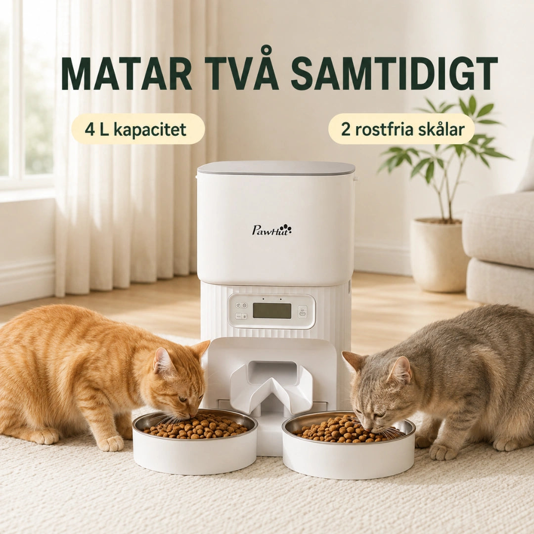 Fyra liters foderautomat som matar två katter samtidigt ur två rostfria skålar - Djurslottet