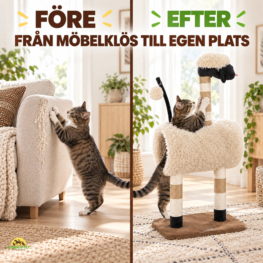 PawHut Klösträd i Fårdesign före och efter möbelklös – Djurslottet