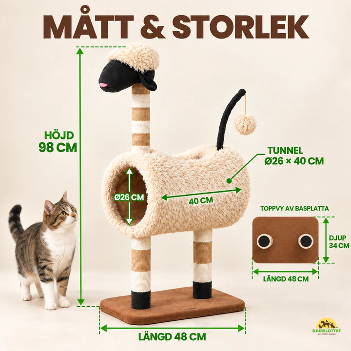 PawHut Klösträd i Fårdesign med mått och katt för skala – Djurslottet