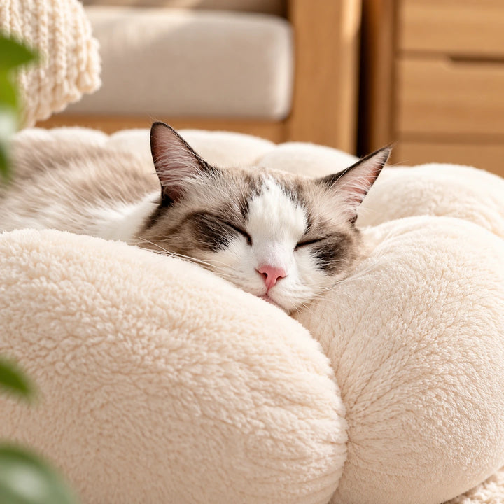 Fluffelia Blomformad Djurbädd - krämfärgad djurbädd med sovande katt - Djurslottet