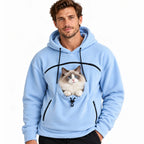 Fluffelia Hoodie med Bärficka – Ljusblå hoodie med katt på vit bakgrund – Djurslottet