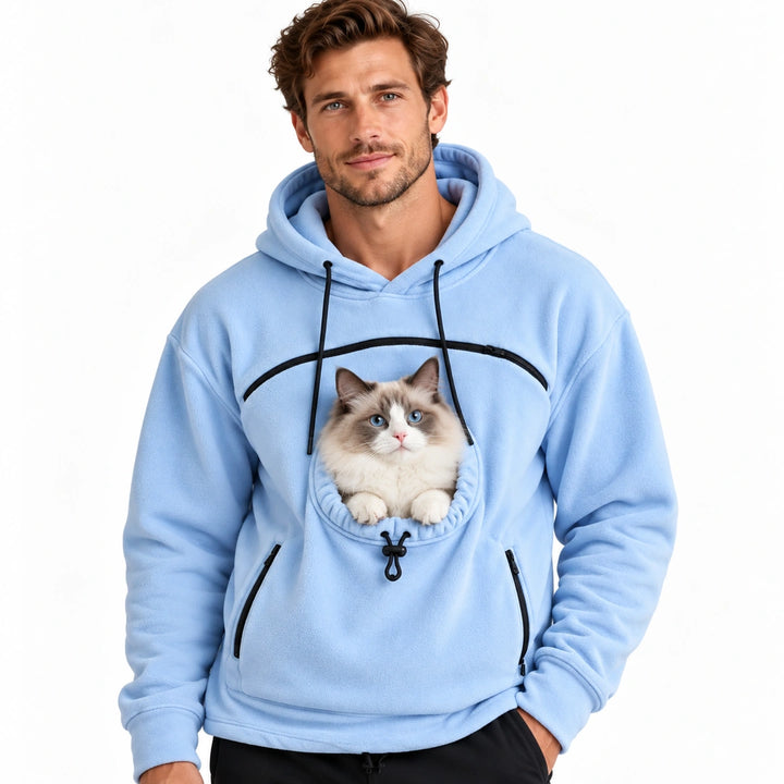 Fluffelia Hoodie med Bärficka – Ljusblå hoodie med katt på vit bakgrund – Djurslottet