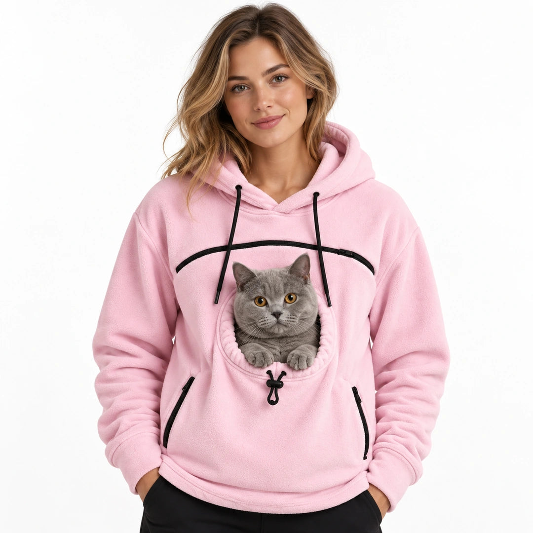 Fluffelia Hoodie med Bärficka – Rosa hoodie med katt på vit bakgrund – Djurslottet