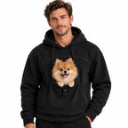 Fluffelia Hoodie med Bärficka – Svart hoodie med hund på vit bakgrund – Djurslottet