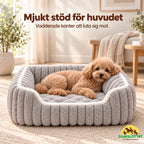 Fluffelia Mjuk Djurbädd – hund vilar huvudet mot den vadderade kanten – Djurslottet
