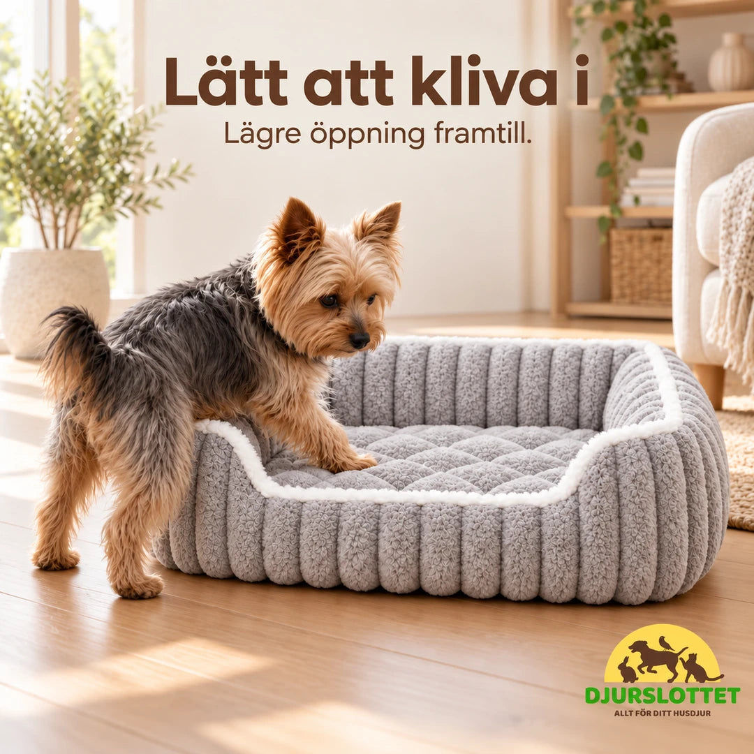 Fluffelia Mjuk Djurbädd – hund kliver in genom den lägre öppningen framtill – Djurslottet