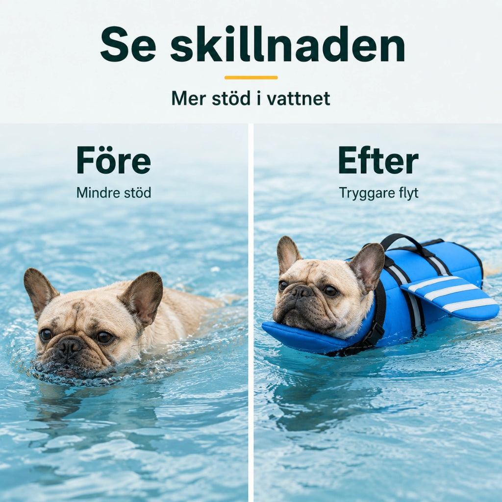 Före och efter, hund med mer stöd i vattnet med flytväst - Djurslottet