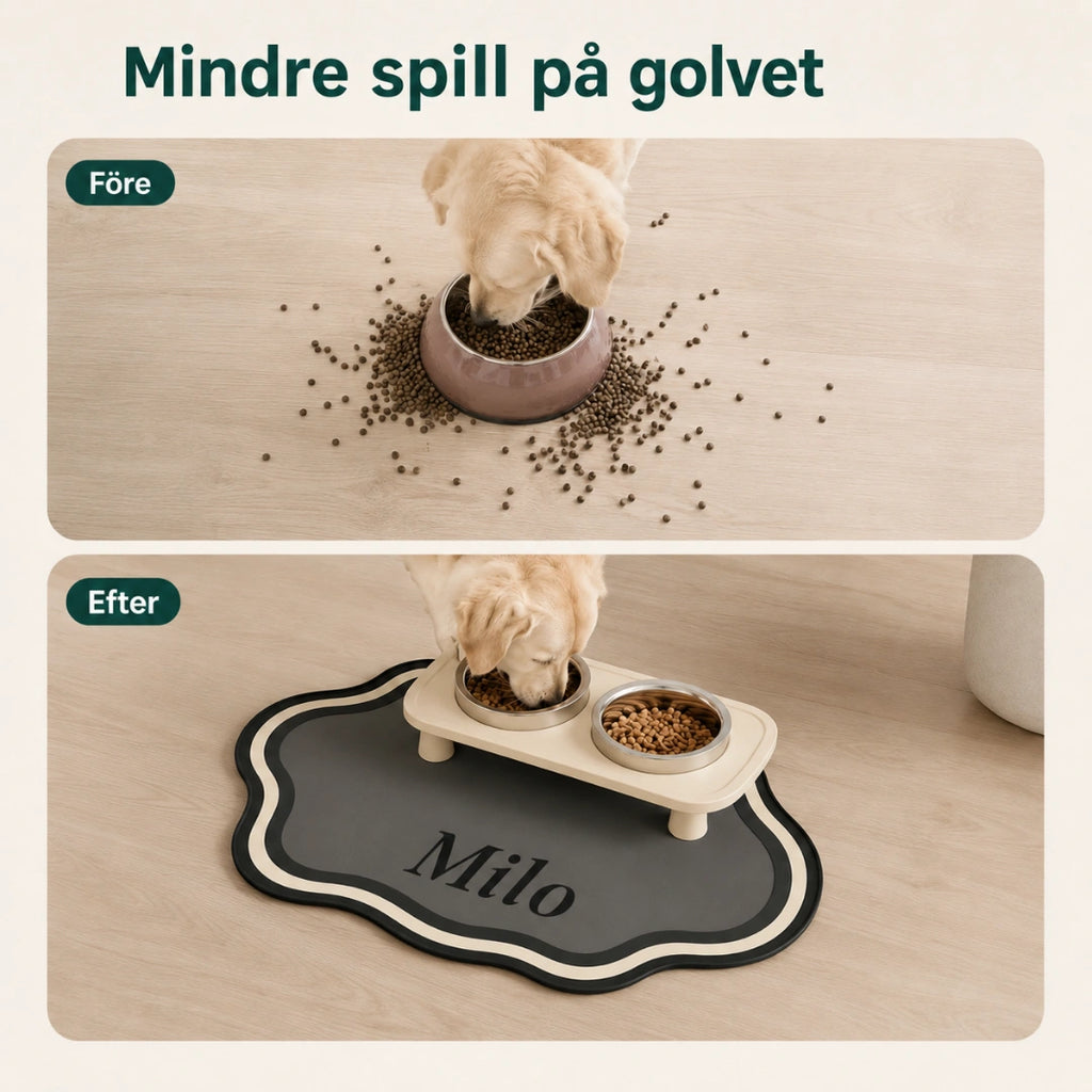 Före och efter, kladdigt golv mot skyddad matplats - Djurslottet