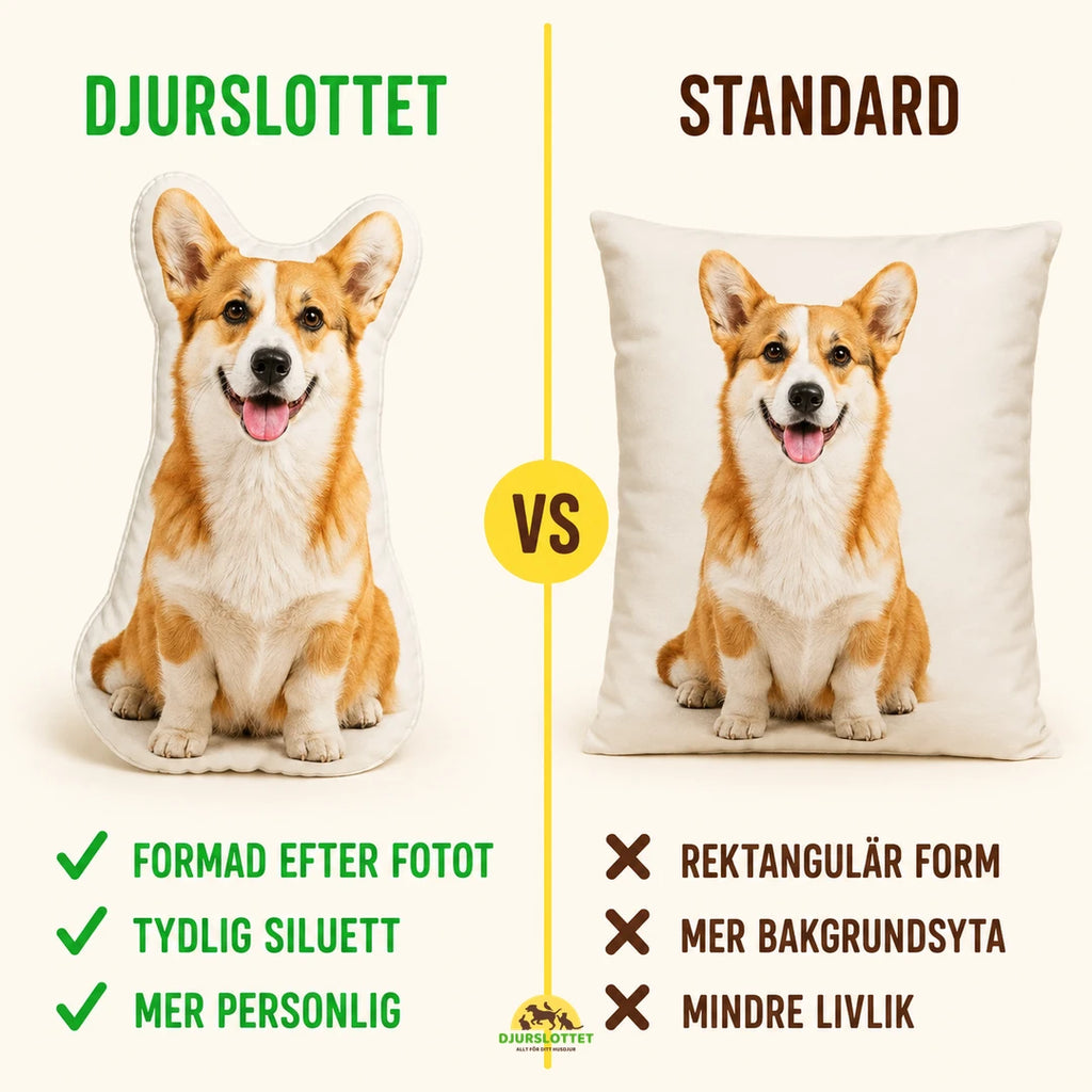 Djurslottets formskurna fotokudde jämfört med standardkudde