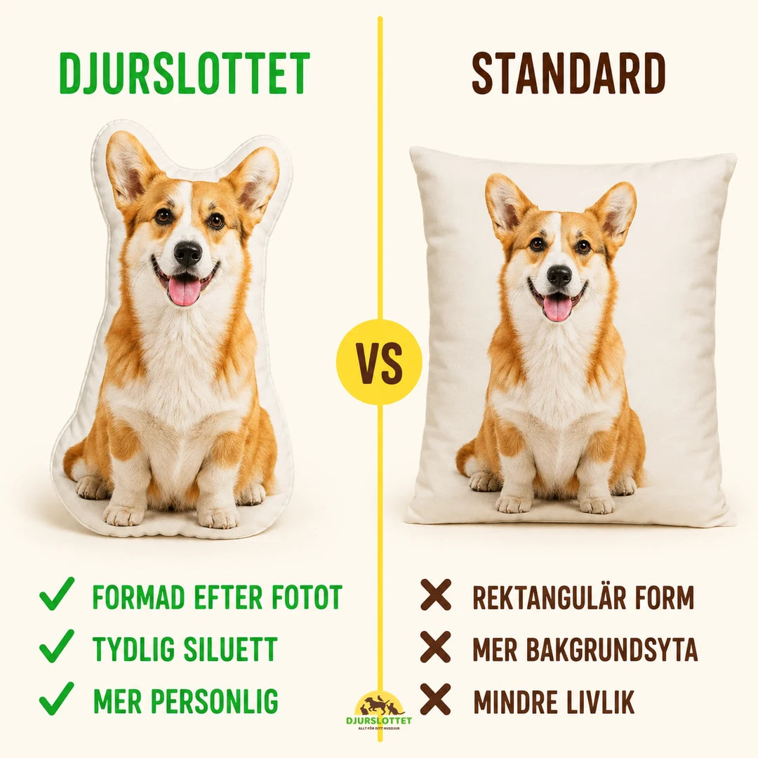 Djurslottets formskurna fotokudde jämfört med standardkudde