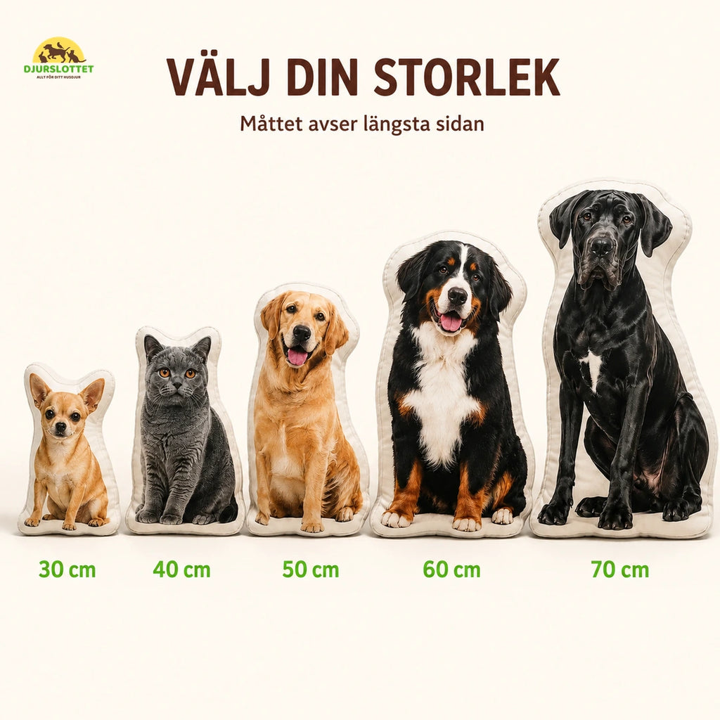 Personlig husdjurskudde i fem storlekar 30 till 70 cm med olika djurmotiv