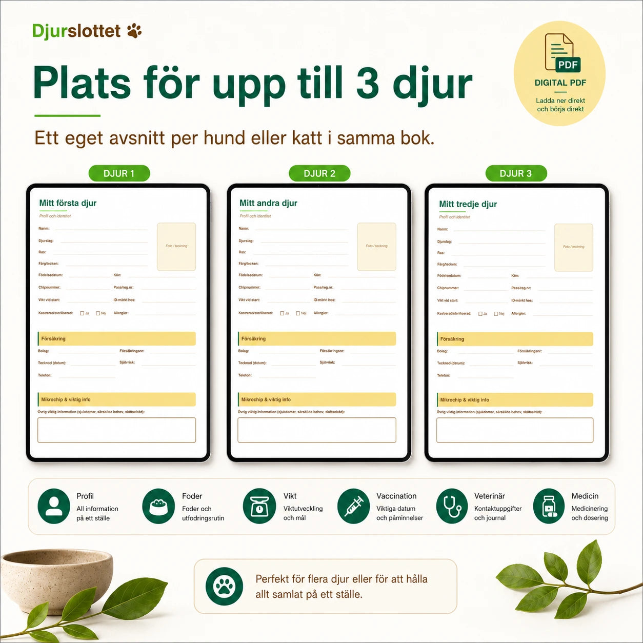 Husdjurets Hälsodagbok med plats för upp till tre djur – ett eget profilavsnitt per hund eller katt.