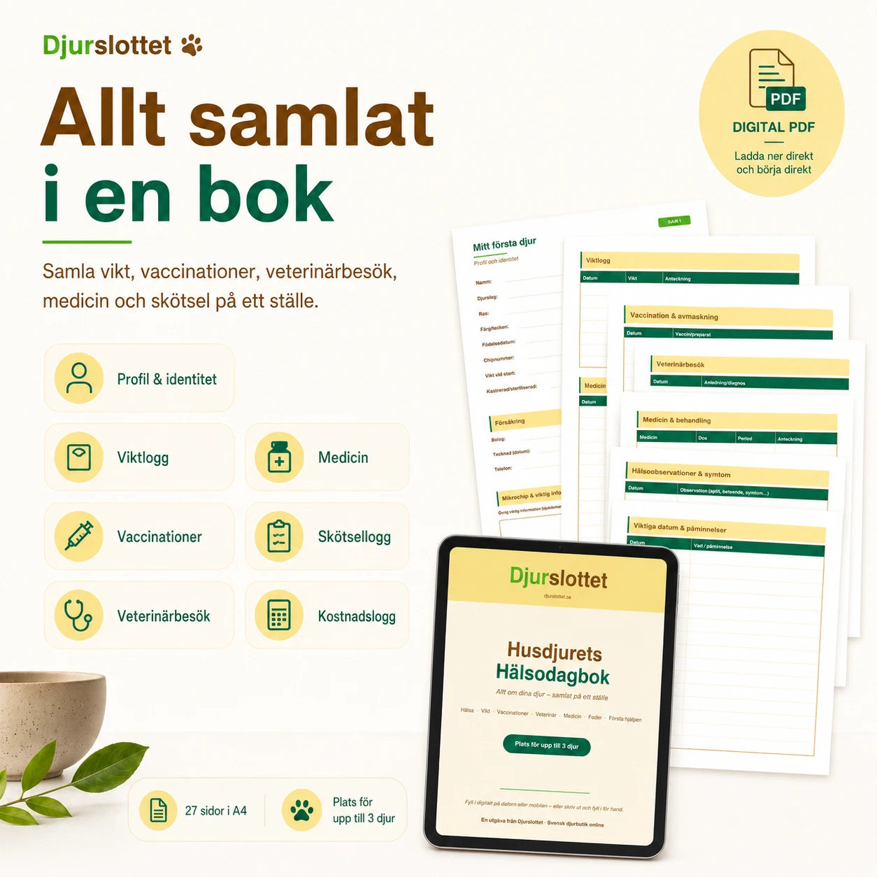 Husdjurets Hälsodagbok samlar profil, viktlogg, vaccinationer, veterinärbesök, medicin, skötsel-logg och kostnadslogg på ett ställe.
