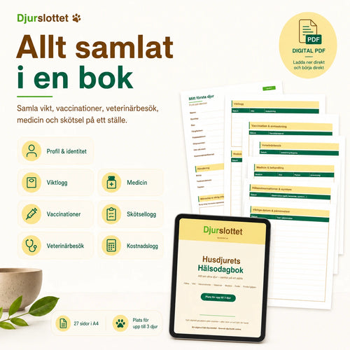 Husdjurets Hälsodagbok samlar profil, viktlogg, vaccinationer, veterinärbesök, medicin, skötsel-logg och kostnadslogg på ett ställe.