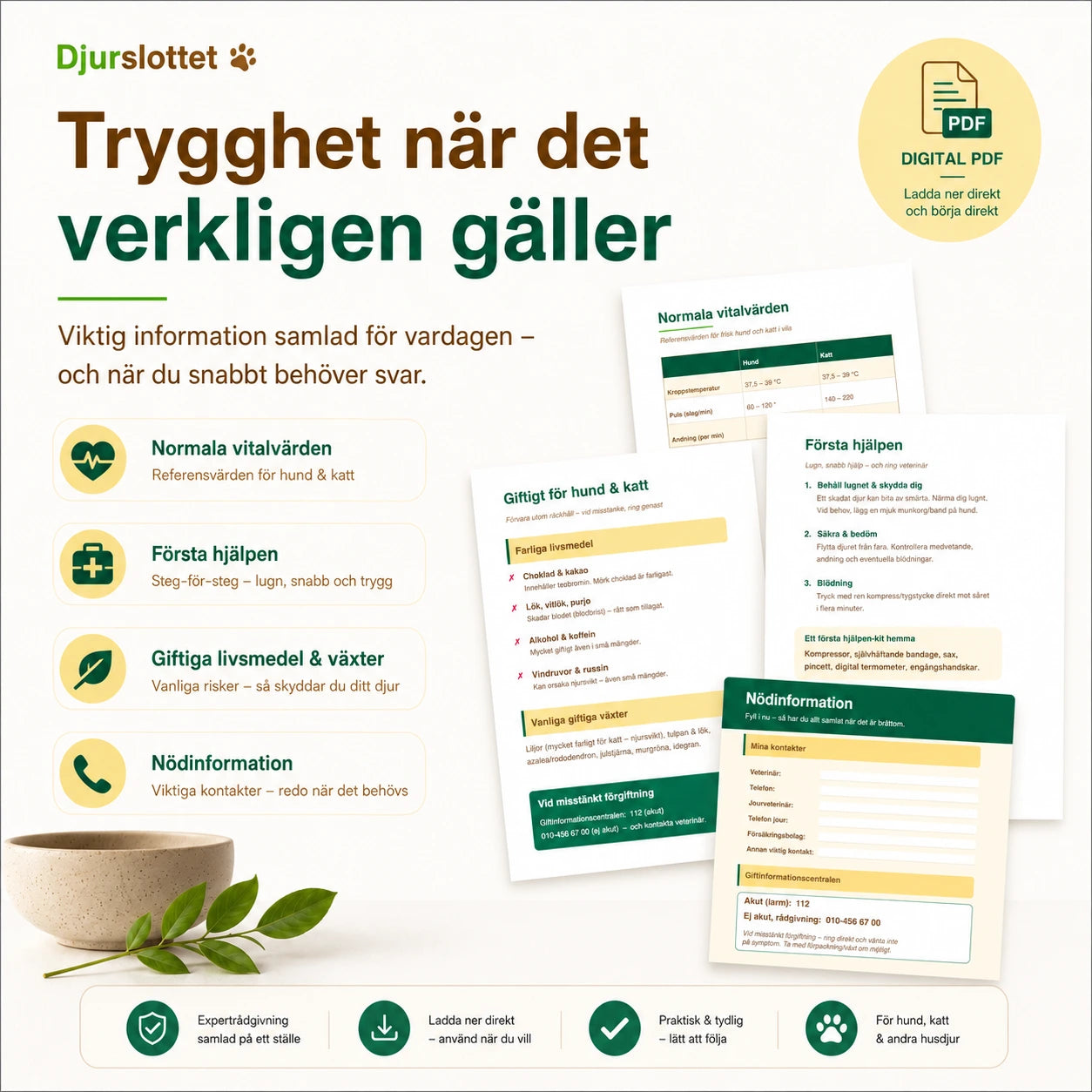 Faktadel i Husdjurets Hälsodagbok – normala vitalvärden, första hjälpen, giftiga livsmedel och växter samt nödinformation för hund och katt.