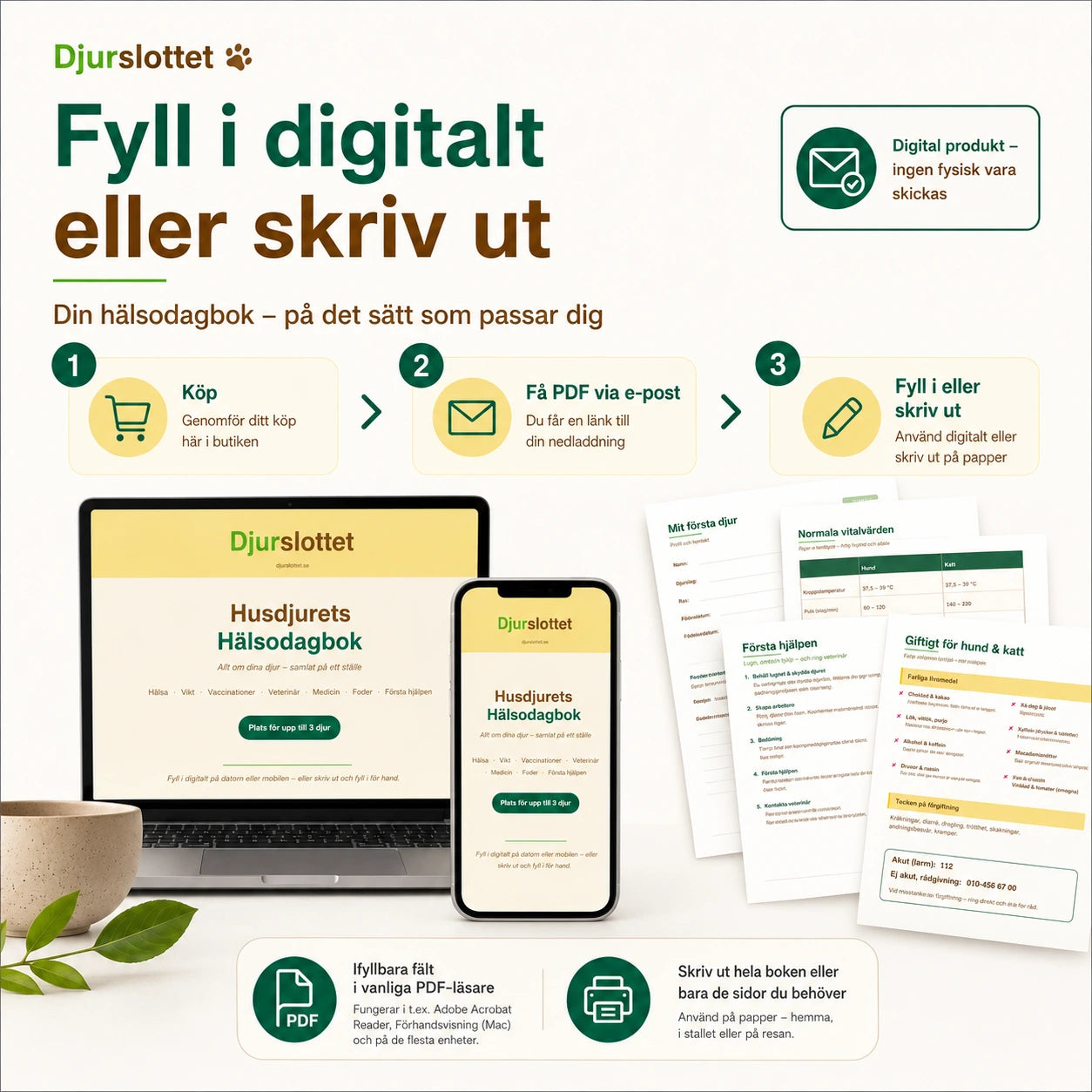 Så fungerar Husdjurets Hälsodagbok – köp, få PDF via e-post och fyll i digitalt eller skriv ut på papper.