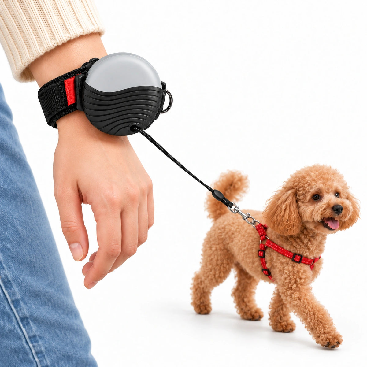 Handsfree Hundkoppel för Handleden – närbild av grått koppel på handleden med hund kopplad i sele – Djurslottet